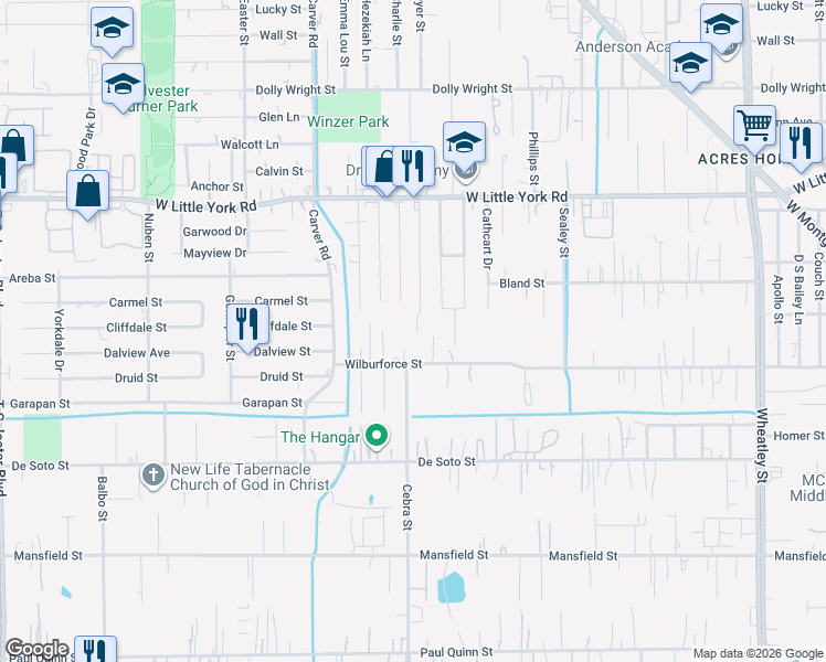 map of restaurants, bars, coffee shops, grocery stores, and more near 6535 Mcwilliams Drive in Houston