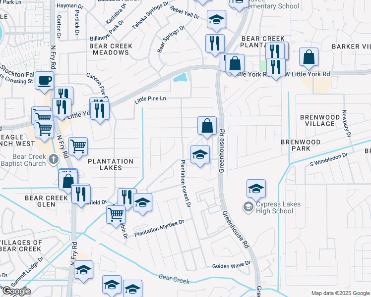 map of restaurants, bars, coffee shops, grocery stores, and more near 5928 Plantation Forest Drive in Katy