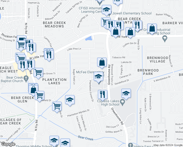 map of restaurants, bars, coffee shops, grocery stores, and more near 5928 Plantation Forest Drive in Katy