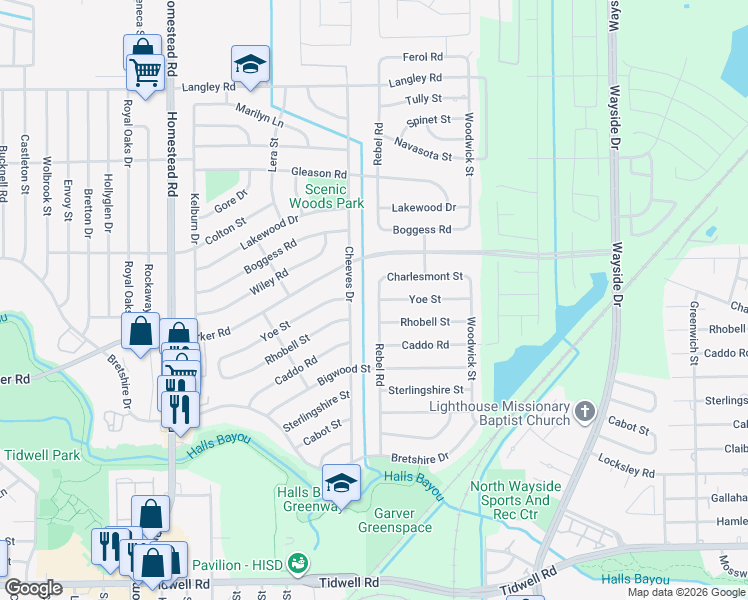 map of restaurants, bars, coffee shops, grocery stores, and more near 10117 Rebel Road in Houston
