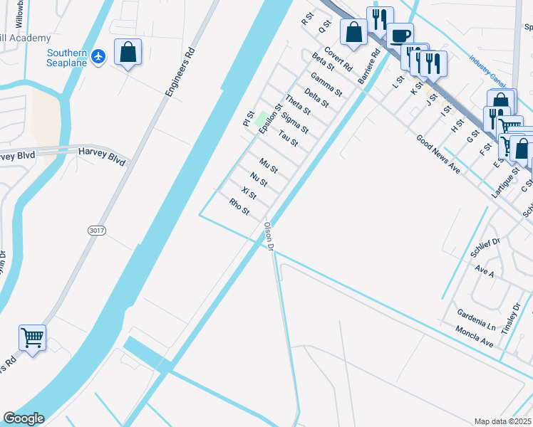 map of restaurants, bars, coffee shops, grocery stores, and more near 1104 Barriere Road in Belle Chasse