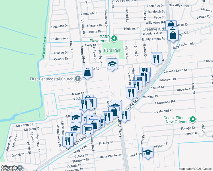 map of restaurants, bars, coffee shops, grocery stores, and more near 5500 Ames Court in Marrero