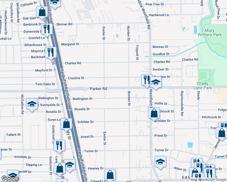map of restaurants, bars, coffee shops, grocery stores, and more near 1912 Parker Road in Houston