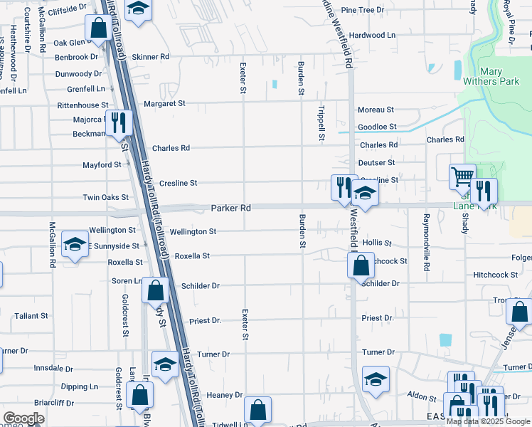 map of restaurants, bars, coffee shops, grocery stores, and more near 1912 Parker Road in Houston