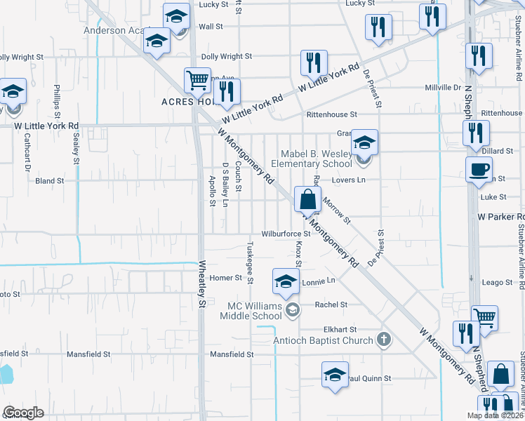 map of restaurants, bars, coffee shops, grocery stores, and more near 6519 Arabella Street in Houston