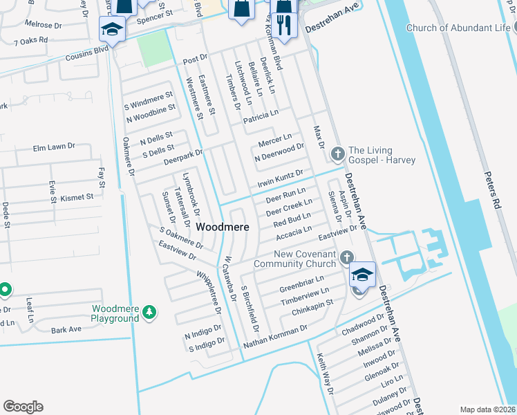 map of restaurants, bars, coffee shops, grocery stores, and more near 3877 Deer Run Lane in Harvey