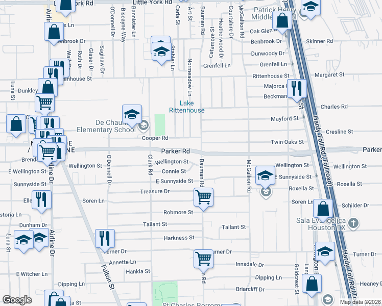 map of restaurants, bars, coffee shops, grocery stores, and more near 272 Parker Rd in Houston