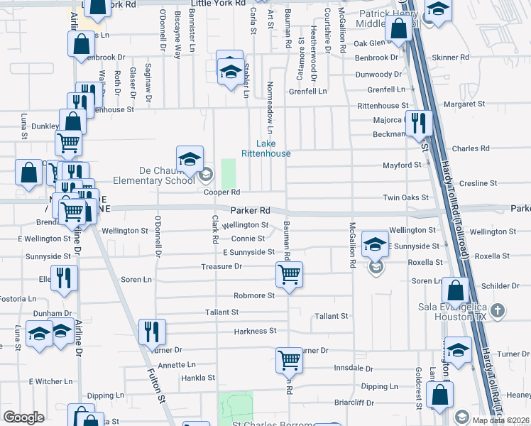 map of restaurants, bars, coffee shops, grocery stores, and more near 272 Parker Road in Houston