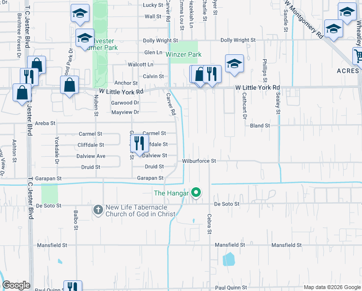 map of restaurants, bars, coffee shops, grocery stores, and more near 6526 Carver Road in Houston