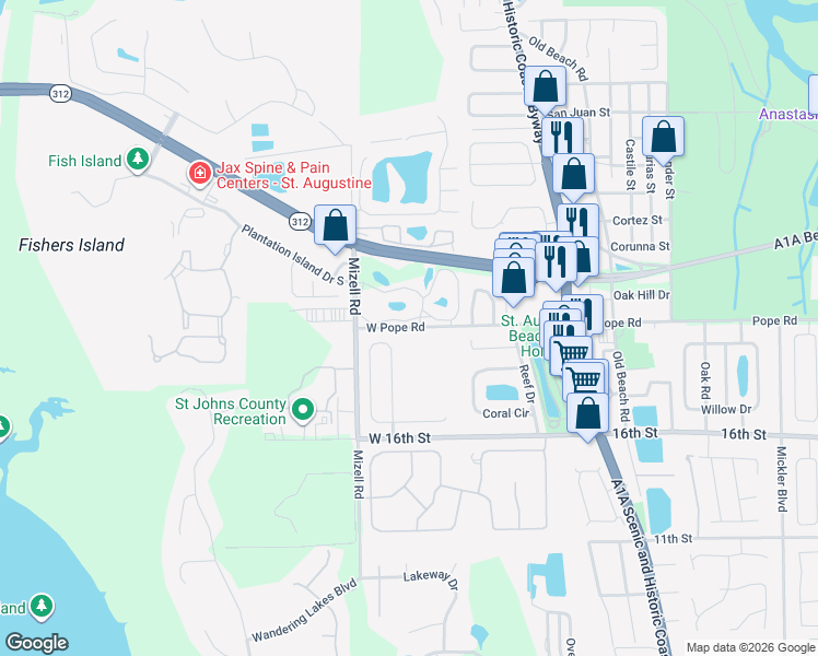 map of restaurants, bars, coffee shops, grocery stores, and more near 228 Ocean Cay Boulevard in St. Augustine