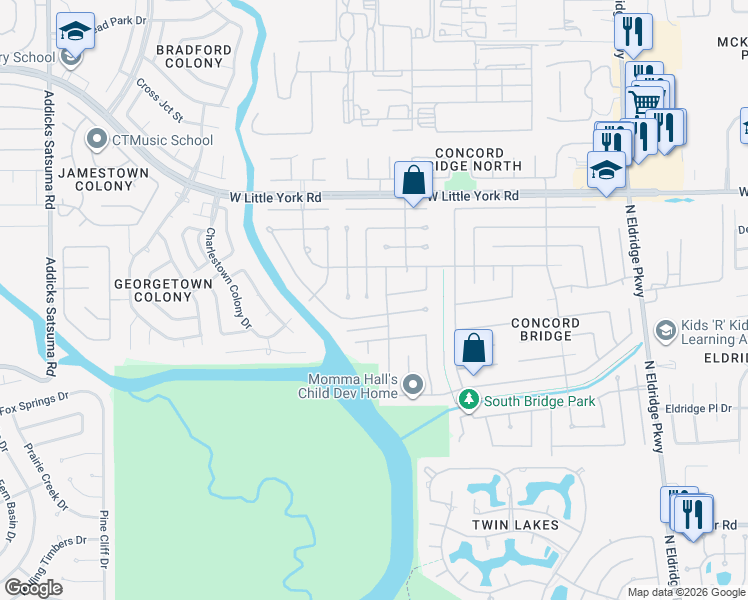 map of restaurants, bars, coffee shops, grocery stores, and more near 6106 Conlan Bay Dr in Houston
