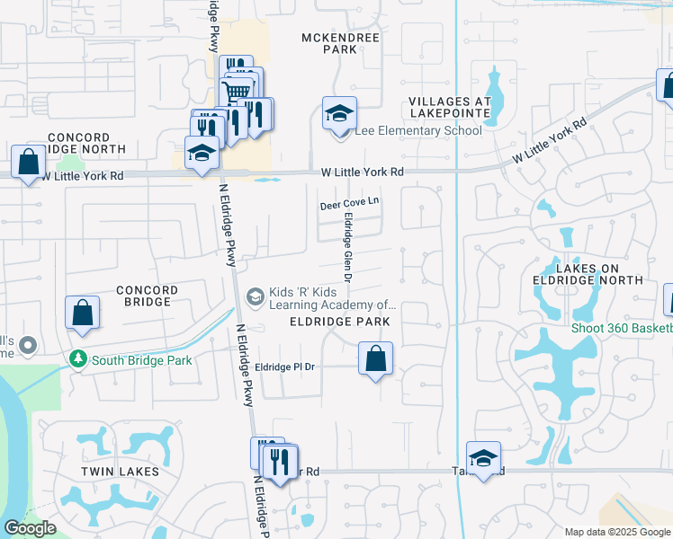 map of restaurants, bars, coffee shops, grocery stores, and more near 12911 Fern Mill Court in Houston