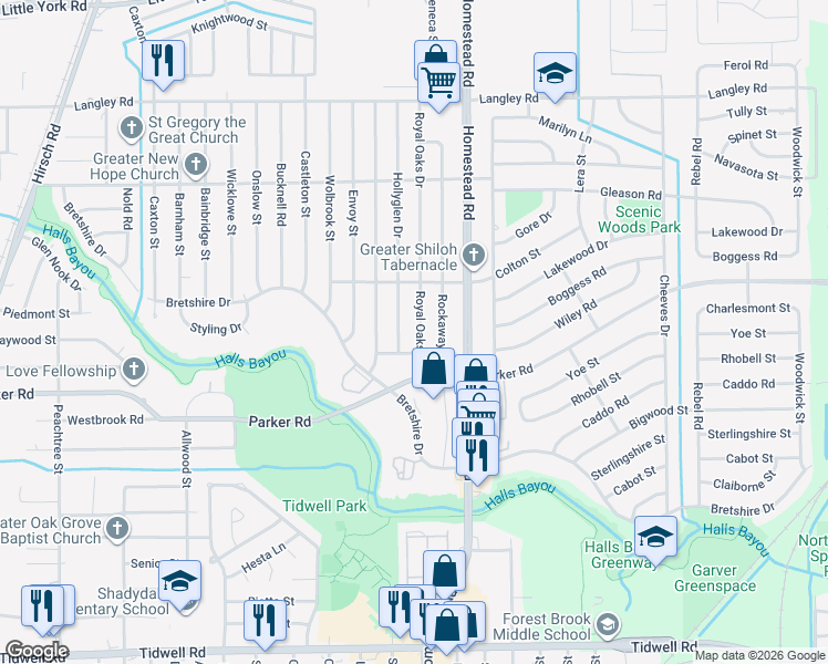 map of restaurants, bars, coffee shops, grocery stores, and more near 10129 Royal Oaks Drive in Houston