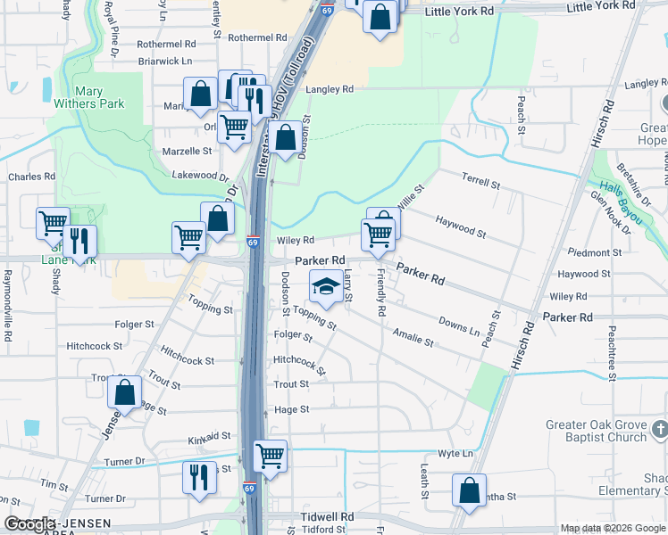 map of restaurants, bars, coffee shops, grocery stores, and more near 3906 Parker Road in Houston
