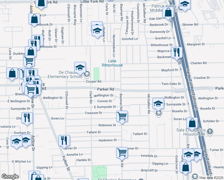 map of restaurants, bars, coffee shops, grocery stores, and more near 272 Parker Road in Houston