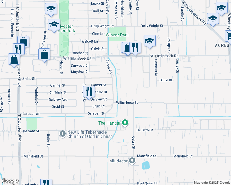 map of restaurants, bars, coffee shops, grocery stores, and more near 6526 Carver Road in Houston