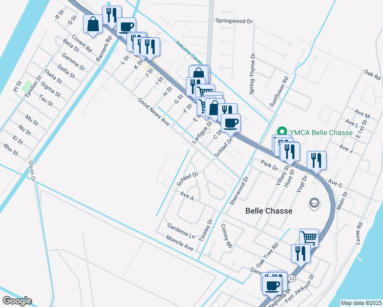 map of restaurants, bars, coffee shops, grocery stores, and more near 106 Gravolet Street in Belle Chasse