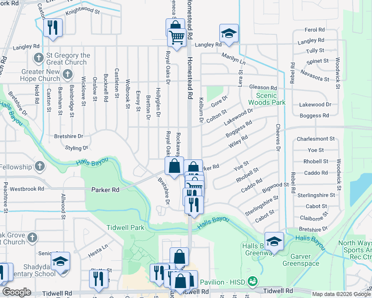 map of restaurants, bars, coffee shops, grocery stores, and more near 10129 Homestead Road in Houston
