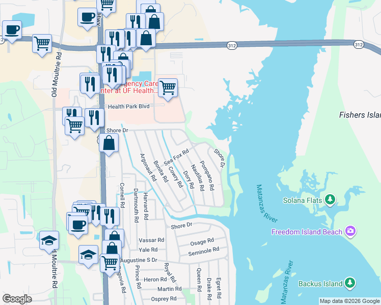 map of restaurants, bars, coffee shops, grocery stores, and more near 104 Pompano Road in St. Augustine