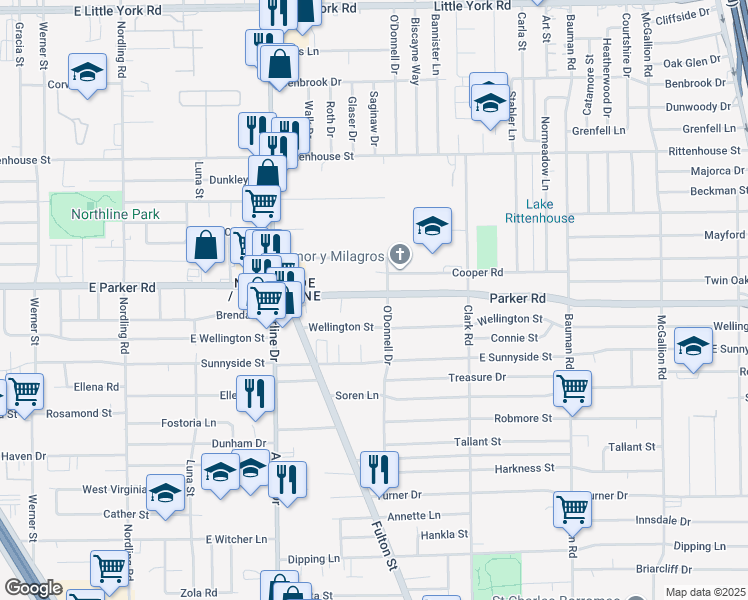 map of restaurants, bars, coffee shops, grocery stores, and more near 62 Parker Road in Houston