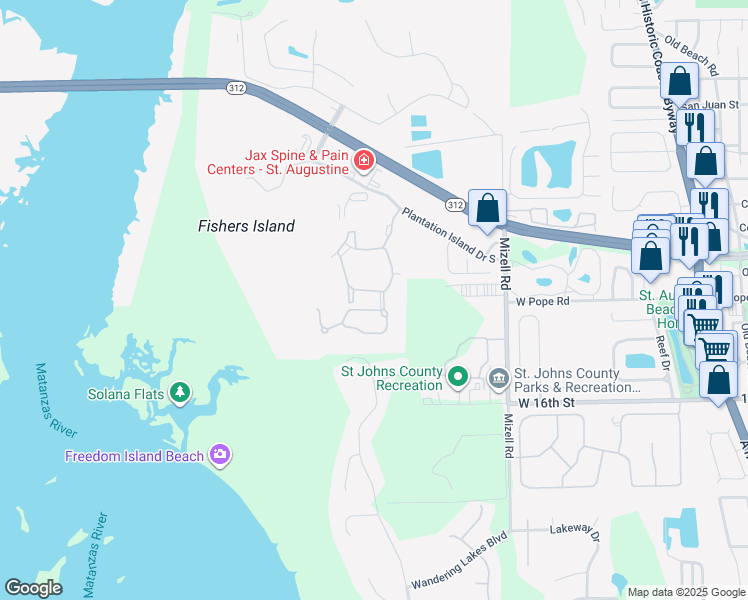 map of restaurants, bars, coffee shops, grocery stores, and more near 171 Sunset Circle South in St. Augustine