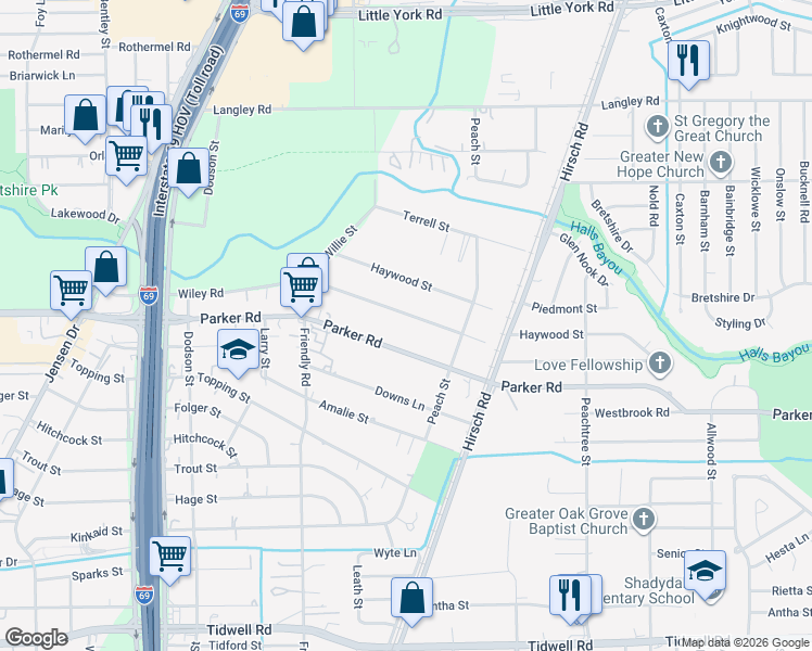 map of restaurants, bars, coffee shops, grocery stores, and more near 4620 Wiley Road in Houston