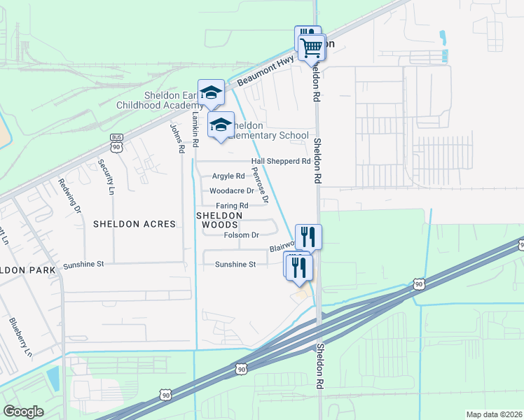 map of restaurants, bars, coffee shops, grocery stores, and more near 17130 Faring Road in Houston
