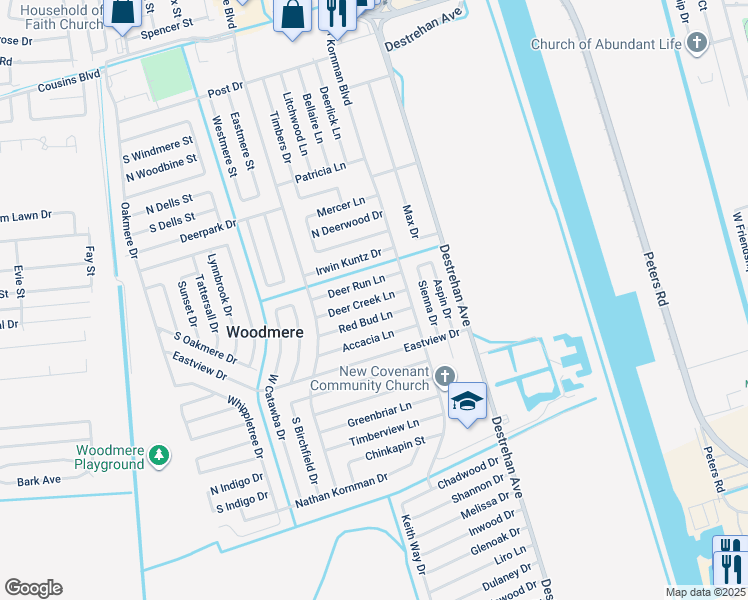 map of restaurants, bars, coffee shops, grocery stores, and more near 3833 Deer Creek Lane in Harvey