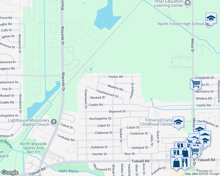 map of restaurants, bars, coffee shops, grocery stores, and more near 10009 Wiloak Street in Houston