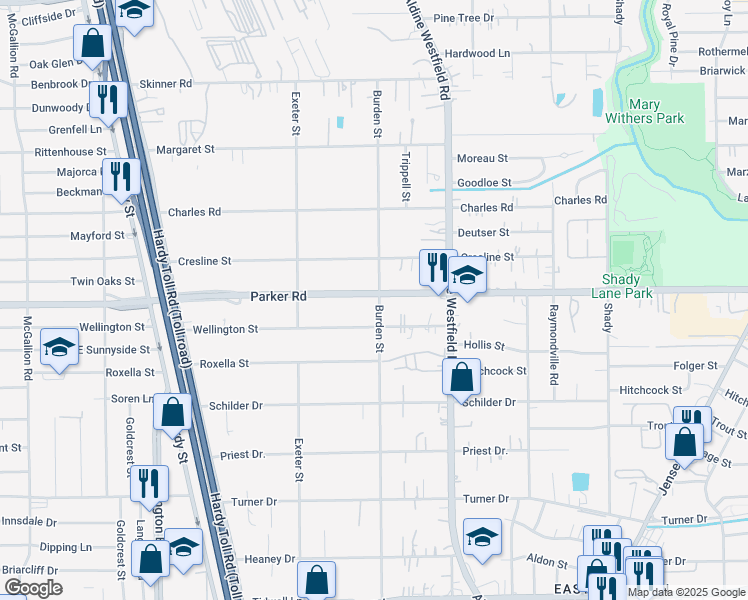 map of restaurants, bars, coffee shops, grocery stores, and more near 2028 Parker Road in Houston