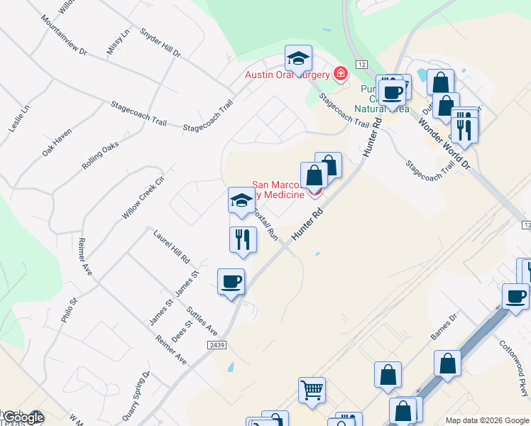 map of restaurants, bars, coffee shops, grocery stores, and more near 2617 Deer Stand Loop in San Marcos
