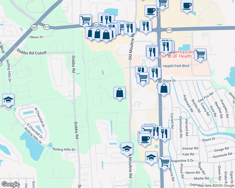 map of restaurants, bars, coffee shops, grocery stores, and more near 305 South Villa San Marco Drive in St. Augustine