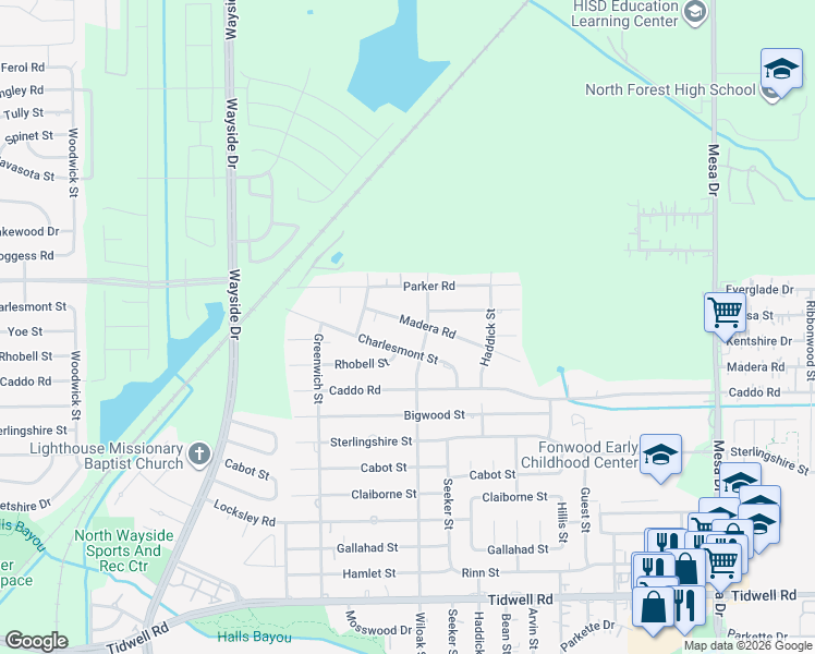map of restaurants, bars, coffee shops, grocery stores, and more near 10009 Wiloak Street in Houston