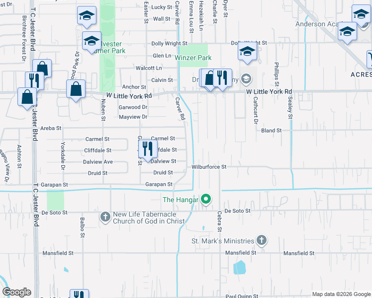 map of restaurants, bars, coffee shops, grocery stores, and more near 6526 Carver Road in Houston