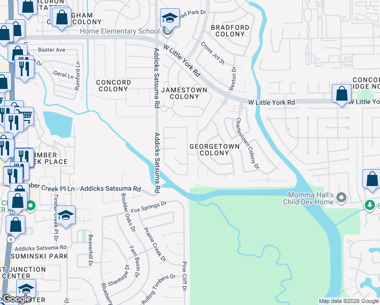 map of restaurants, bars, coffee shops, grocery stores, and more near 5727 Georgetown Colony Drive in Houston