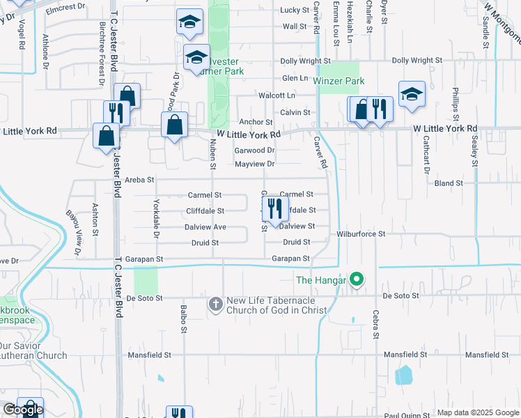 map of restaurants, bars, coffee shops, grocery stores, and more near 6601 Goldspier Street in Houston