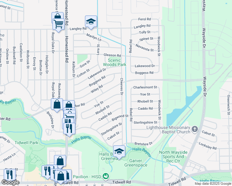 map of restaurants, bars, coffee shops, grocery stores, and more near 7423 Yoe Street in Houston