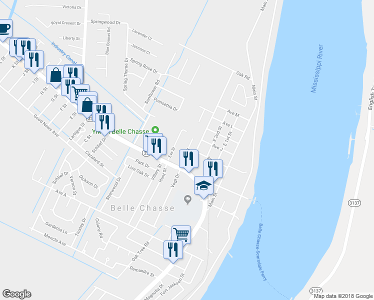 map of restaurants, bars, coffee shops, grocery stores, and more near 152 Kimble Street in Belle Chasse