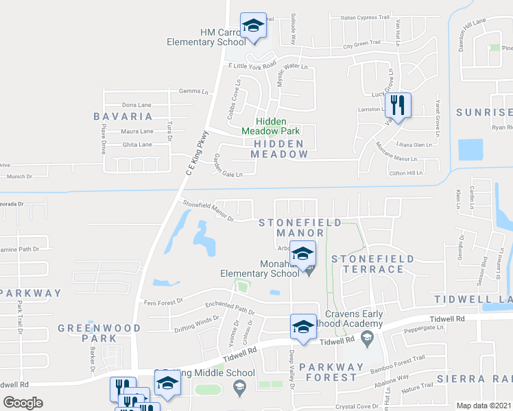 map of restaurants, bars, coffee shops, grocery stores, and more near 12615 Roxdale Ridge Drive in Houston
