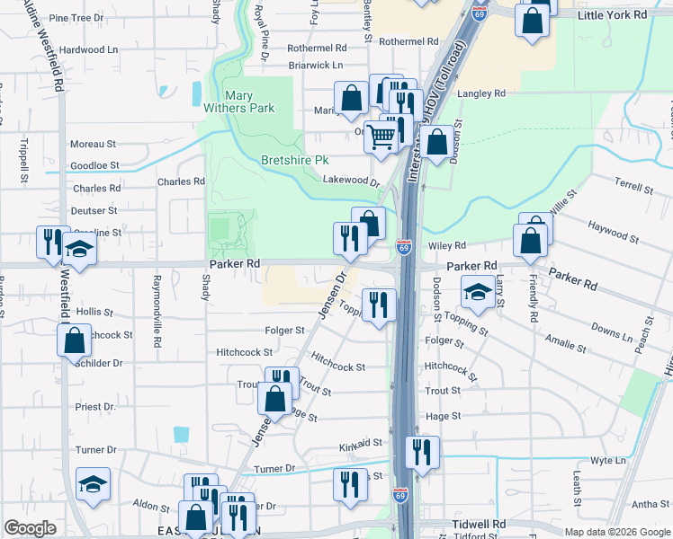 map of restaurants, bars, coffee shops, grocery stores, and more near 10191 Jensen Drive in Houston