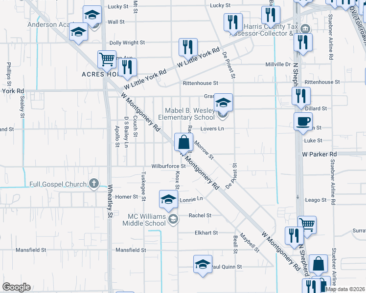 map of restaurants, bars, coffee shops, grocery stores, and more near 6604 Knox Street in Houston