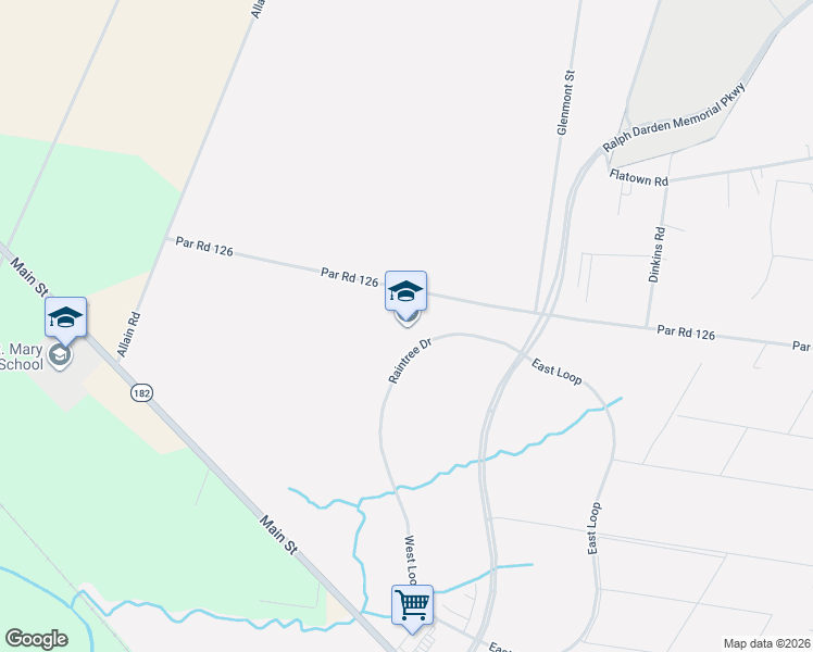 map of restaurants, bars, coffee shops, grocery stores, and more near 501 Raintree Drive in Baldwin