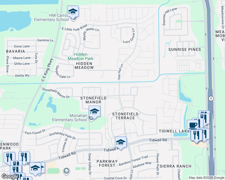map of restaurants, bars, coffee shops, grocery stores, and more near 9506 Pennant Park Court in Houston