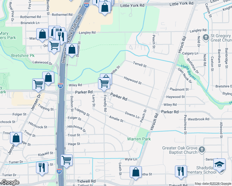 map of restaurants, bars, coffee shops, grocery stores, and more near 4302 Parker Road in Houston