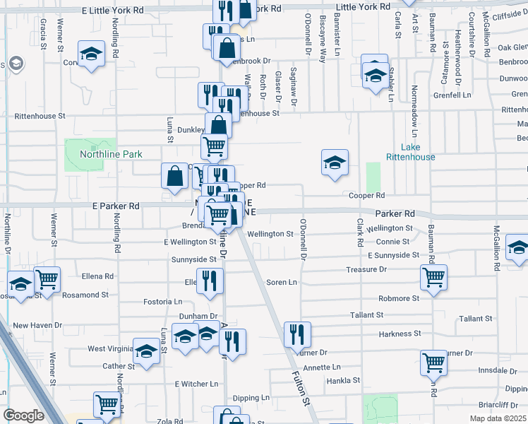map of restaurants, bars, coffee shops, grocery stores, and more near 34 Parker Road in Houston