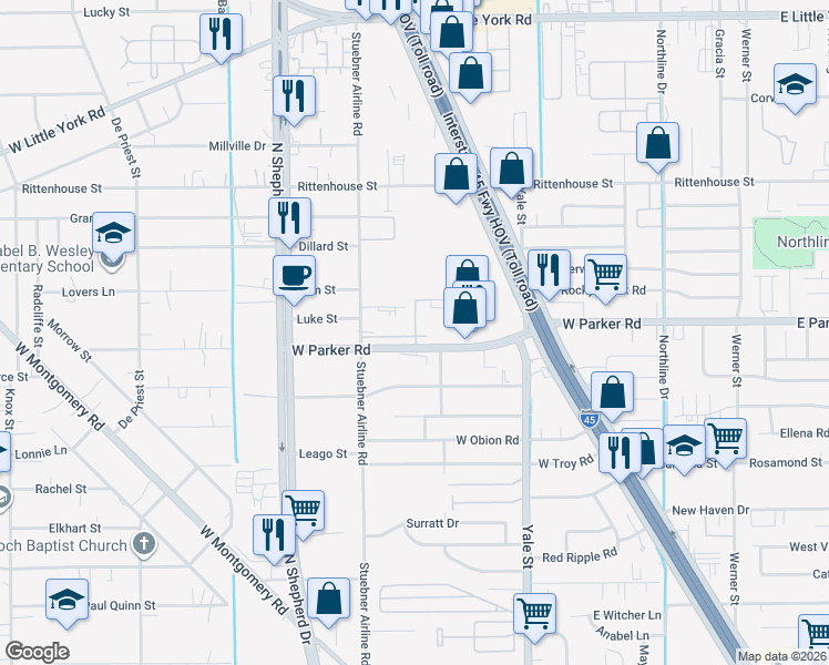 map of restaurants, bars, coffee shops, grocery stores, and more near 480 West Parker Road in Houston