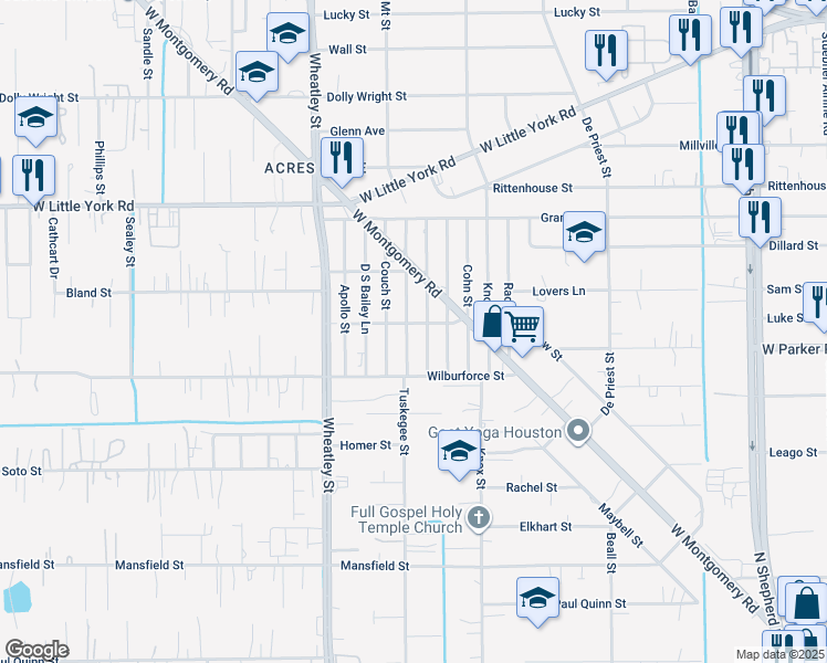 map of restaurants, bars, coffee shops, grocery stores, and more near 6519 Arabella Street in Houston