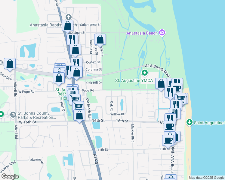 map of restaurants, bars, coffee shops, grocery stores, and more near 1 Oak Road in St. Augustine