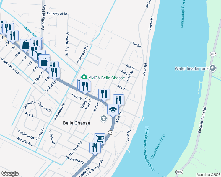 map of restaurants, bars, coffee shops, grocery stores, and more near 307 East 2nd Street in Belle Chasse