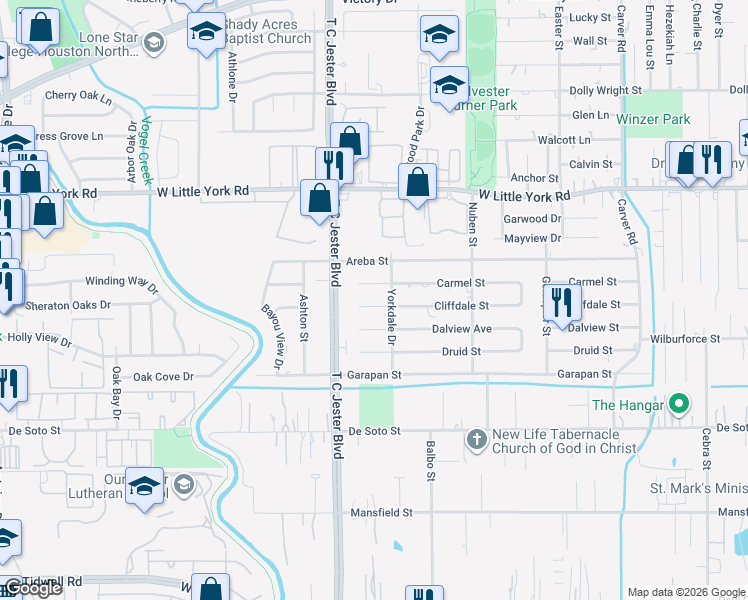 map of restaurants, bars, coffee shops, grocery stores, and more near 3214 Cliffdale Street in Houston